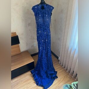 Jovani Royal Blue Lace Dress with Pearl Details